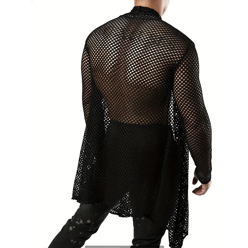 Mens Sexy Hollow Out Long Cardigan Grid Shirts Streetwear Fashion Perspective Long-sleeved Solid Color T Shirts Tops S-XL 250304