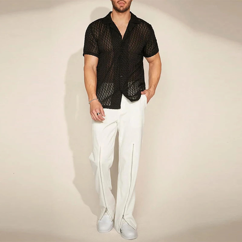 Mens Hollow Out Mesh Lace Short Sleeve Shirt Leisure Fashion Lapel Party Jacquard Button-down See-through Clothing S-2XL 250304