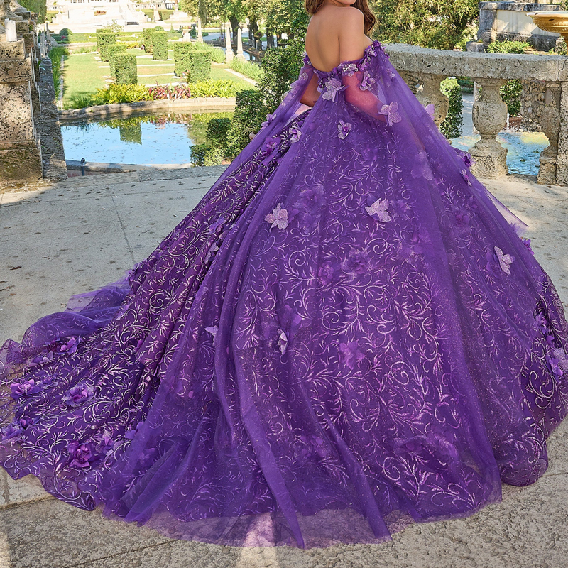 Purple Shiny Quinceanera Dresses Ball Gown Off The Shoulder Sequin Applique Flower Beads With Cape Tull Party Birthday Sweet 16 Vestidos 15 De Anos