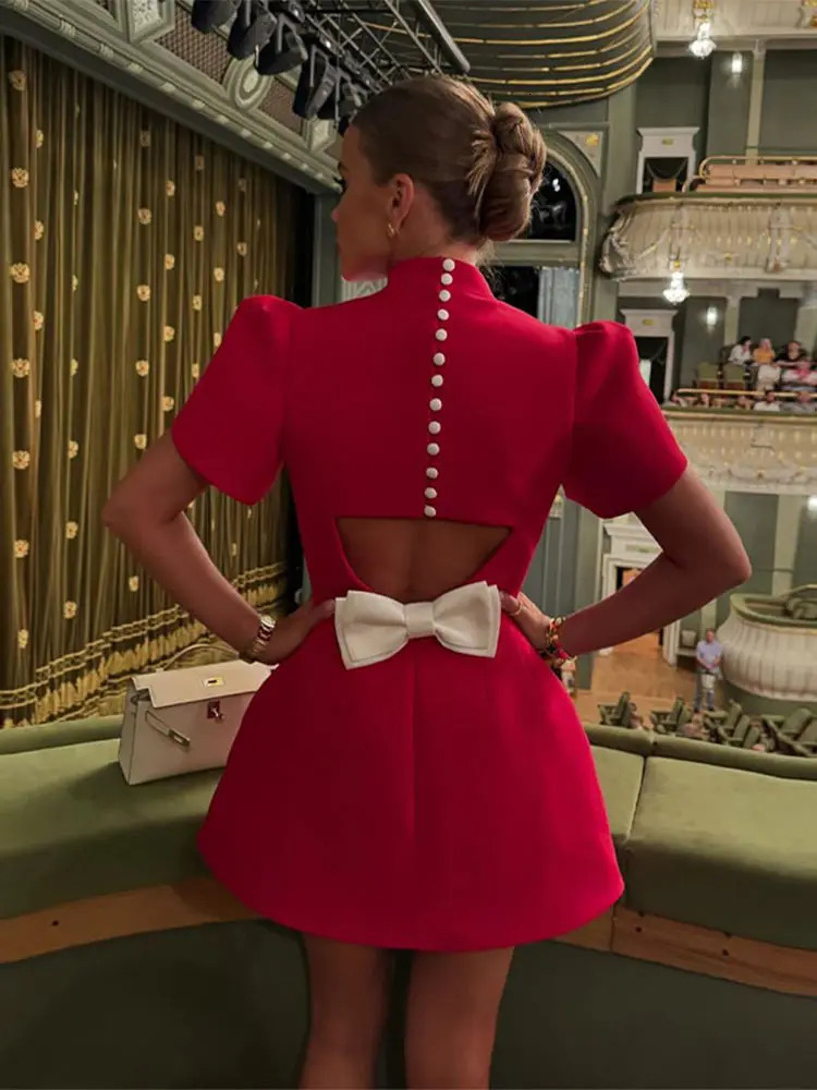 Red Womens Back Hollow Out Bow Mini Dress Elegant Lapel Short Sleeve Aline Dresses Sexy Chic Female Slim Party Skirt 250227