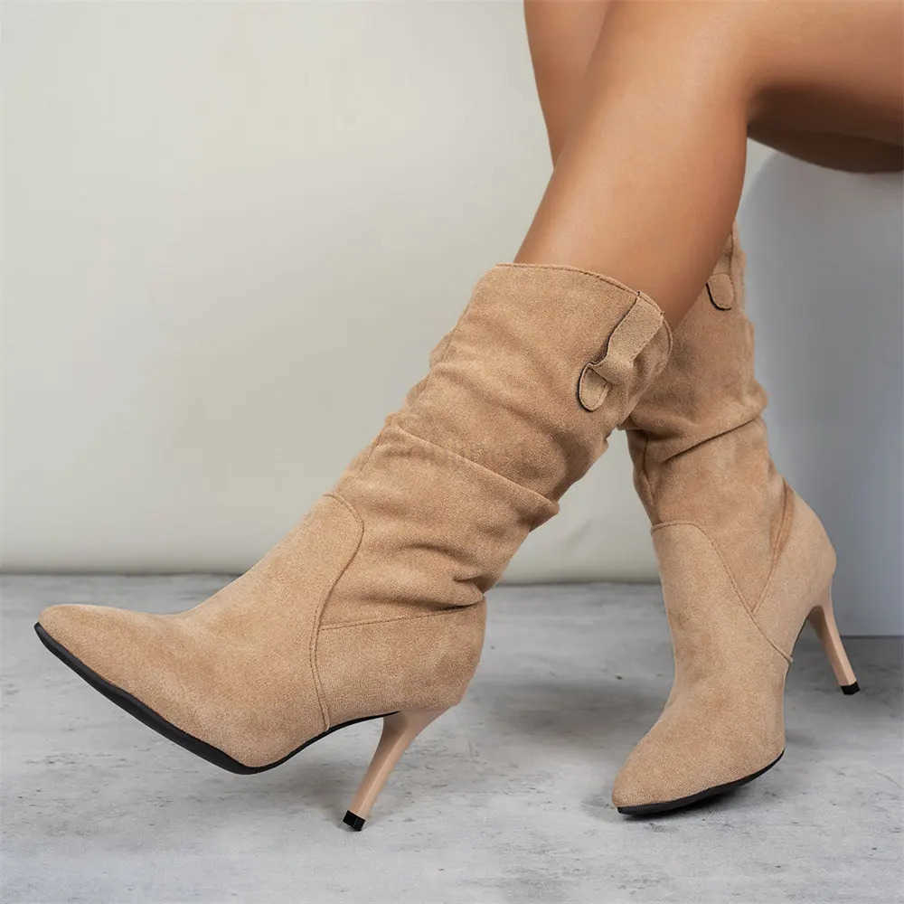 Brand New Big Size 42 Elegant Modern Lady Mid-calf Boots Wen Shoes Sexy Stiletto High H Slip on Pleated Boots for Party Z250304