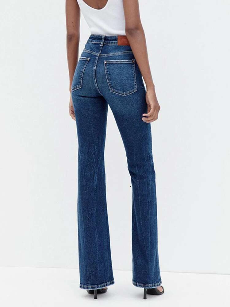 TRAF Women's Slim High Waist Flared Jeans New Pocket Zip Button Closure Stretch Wide Leg Washed Effect Fashion Trousers