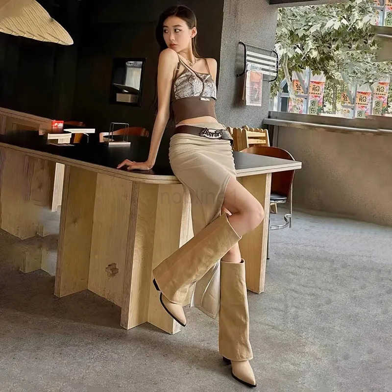 Wen Pointed Toe High Boots Fion Sexy Mid H Shoes Wan Chunky Trend Boots Pumps Elegant Mujer Snow Goth Botas Z250304