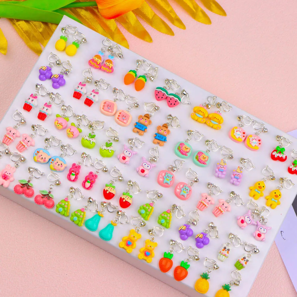 Wholesale bulk batch 50 pairs/batch childrens clip earrings girls animal fruit mixed style childrens jewelry 250304