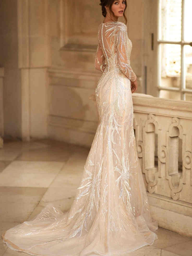 Crystal Brilliant A Line Wedding Dresses Full Sleeve Lace Appliques Beads Lace With Bling Sequins Bridal Gowns Special Occasion Sweep Train Vestido de