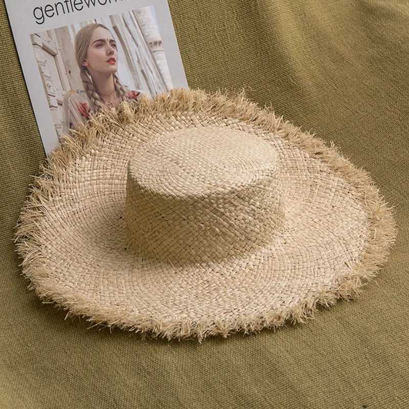 100% handmade natural Raffia hat womens flat top wide Brim Str hat beach hat vacation Panama sun protection sun hatXJ250304