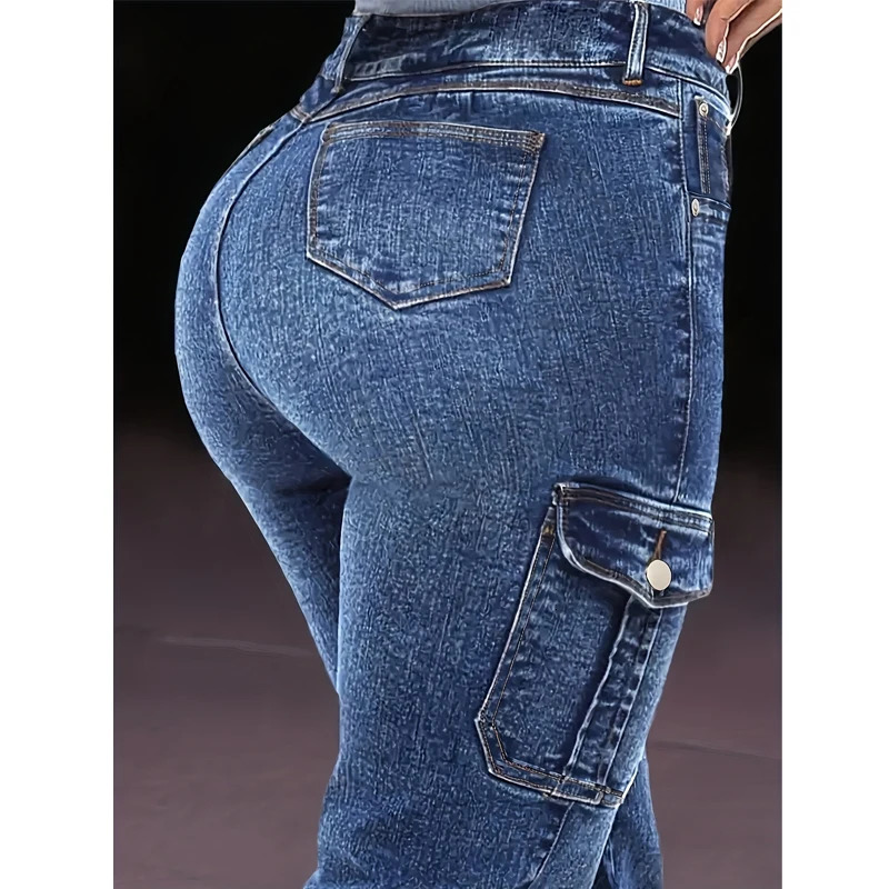 Womens Distressed Stretch Cropped Denim JeansFashionable Elastic Cuff MultiPocket Casual Cargo Pants Sporty Wear Jeans T16 250227