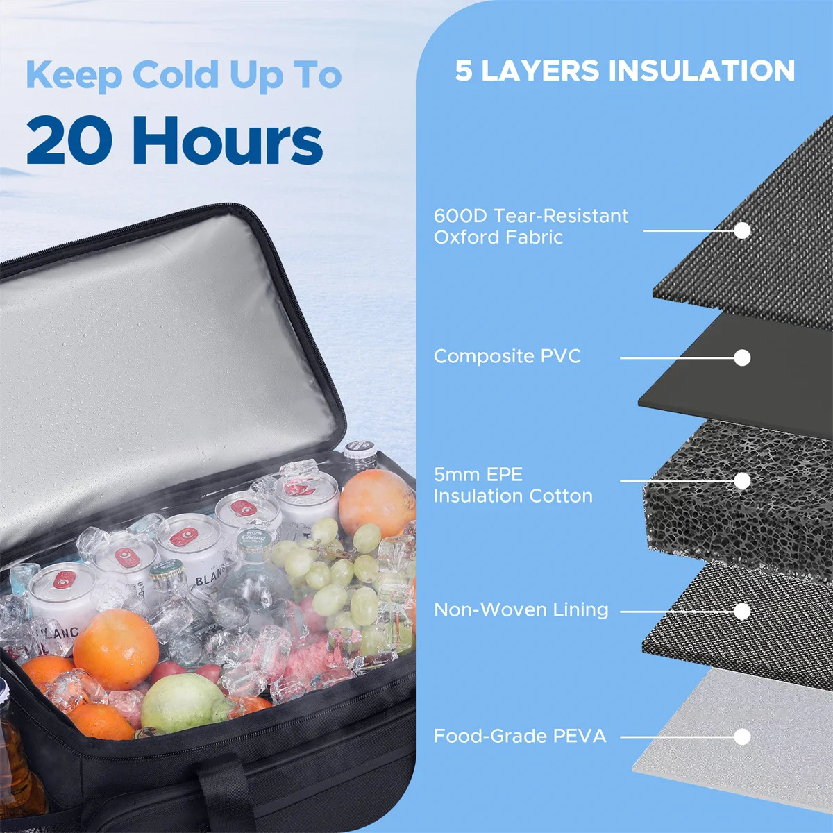 Ship from US Soft Cooler Bag Collapsible Sided 24306075 Cans Beach Ice Chest Large Leakproof Portable Camping 250304FBB