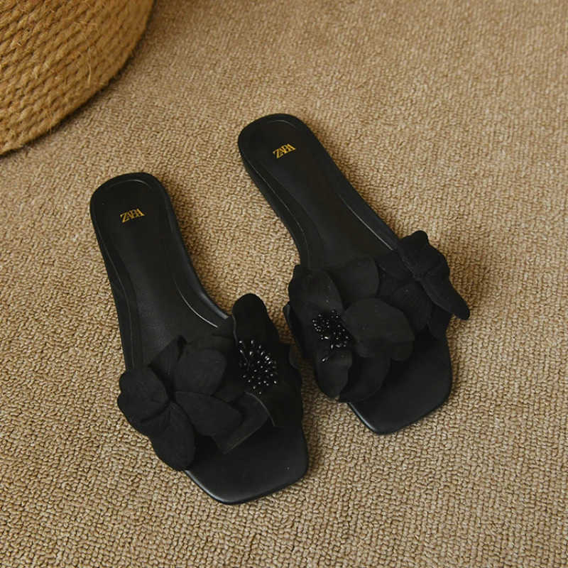 ZASummer Plus Size Wens Slippers 2024 Korean Style Fi Outer Slippers Elegant Flower Ladies Flat Slippers Chaussure Femme Z250304