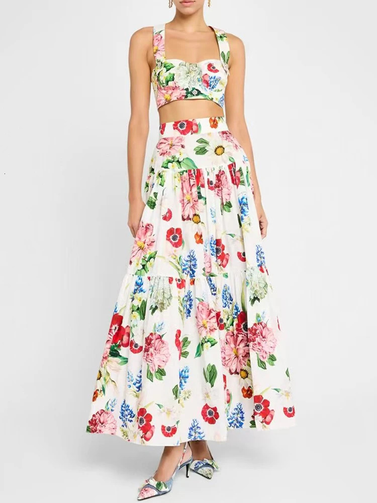 Vintage color print diamondbutton halter top breast twopiece set summer womens high waist loose skirt 250303