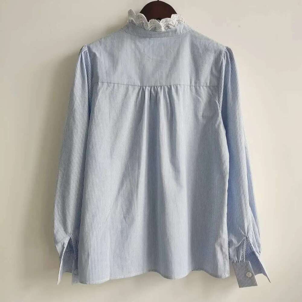 2025 Spring Summer Literary Elegant Embroidered Lace Women Cotton Stand Collar Light Blue Striped Shirt