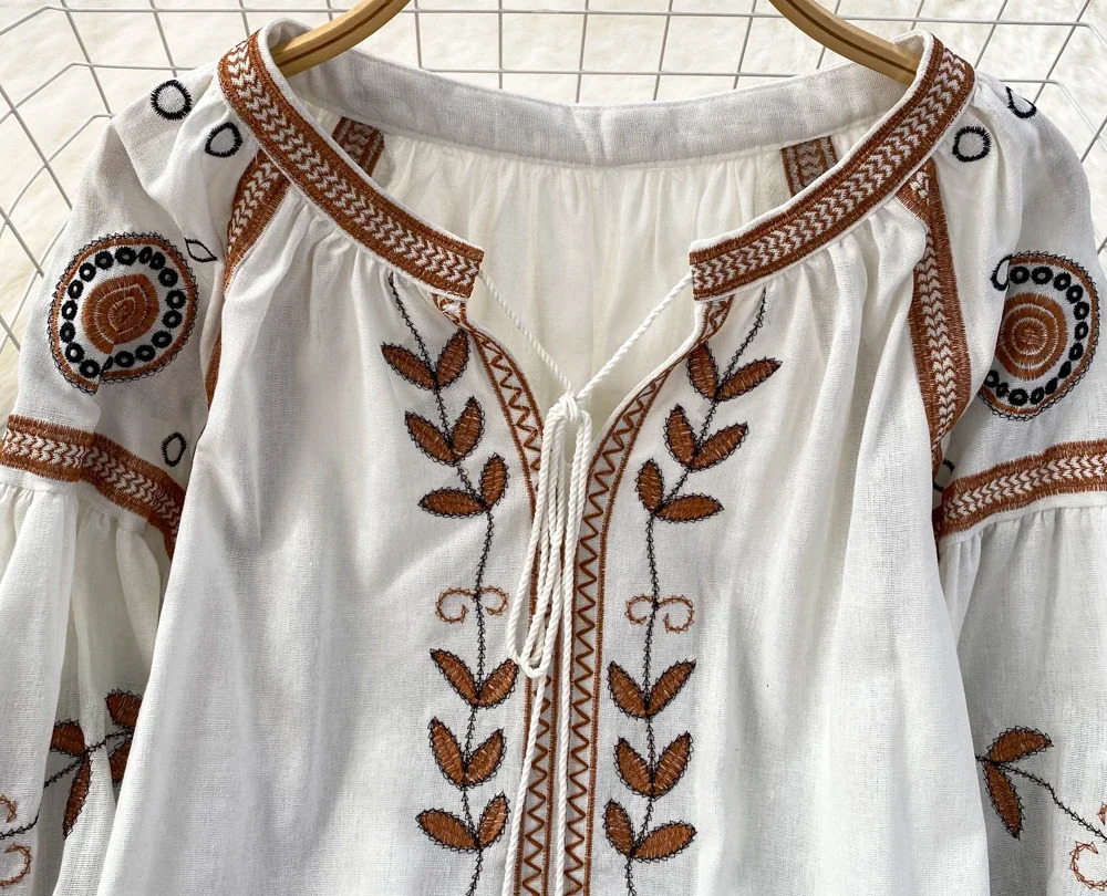 TEELYNN Vintage Long Sleeve Blouses Shirts Women Tops Casual Cotton Linen Floral Embroidery Loose Blouse Summer Boho Beach Blouse 250228