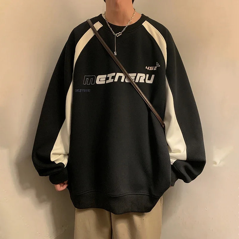 American High Street Letter Print Sweatshirt Men Autumn Oversized Colorblock Pullover Hoodies Y2K Vintage Sweaters For 250304