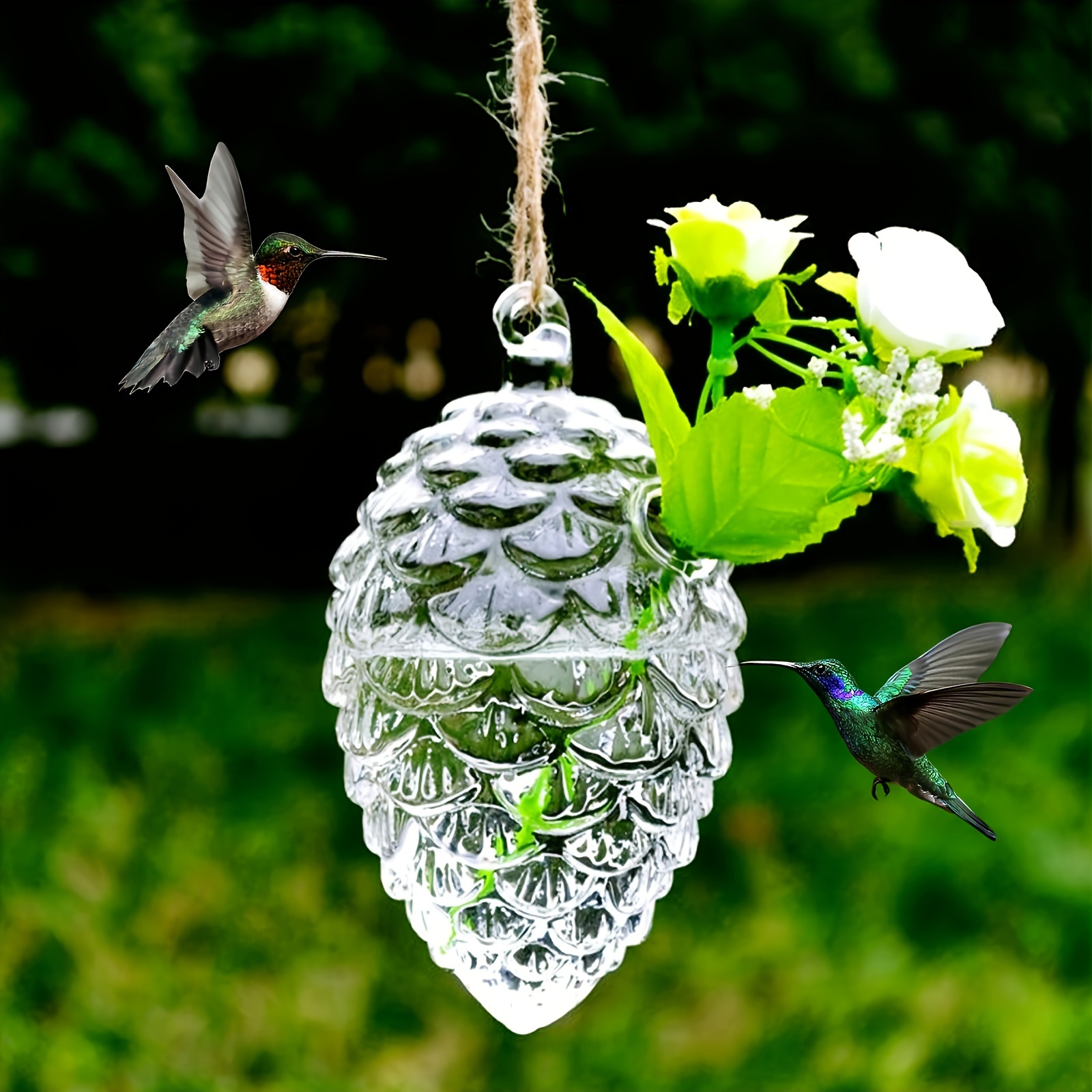 Attractive Outdoor Birdwatering Station: Ornamental Glass Hummingbird Bottle Emulating Nature's Beauty
