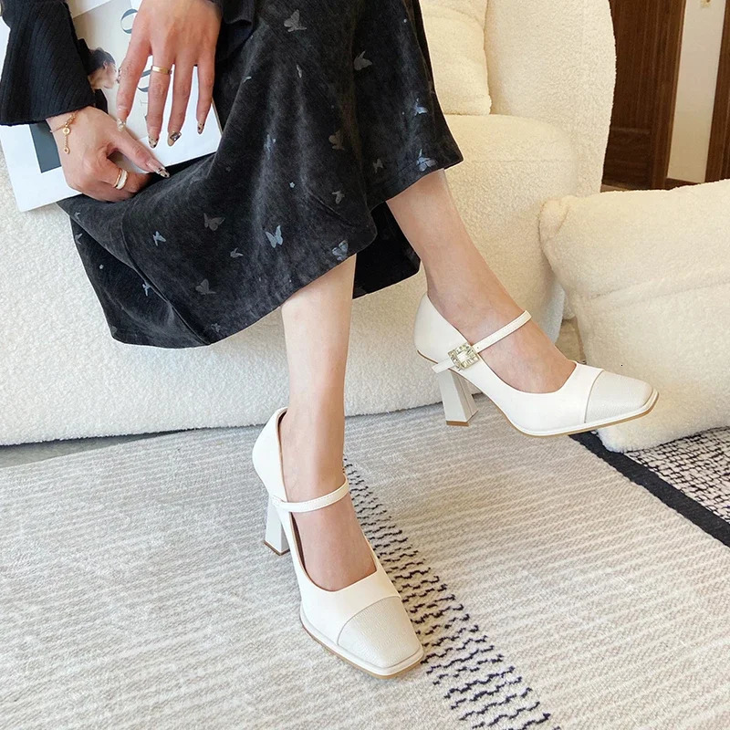 Womens Shoes 2025 Shallow Womens High Heels Fashion Buckle Strap Dress Pumps Women Square Toe Solid Heels Women 250228