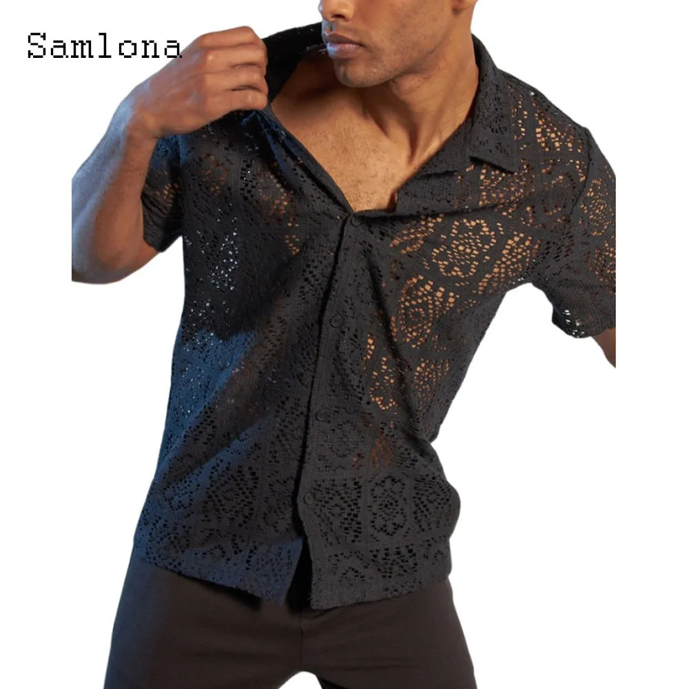 Solid White Soft Knitting Blouse Embroidery Lace Shirt Mens Hollow Out Beach Top Cardigans Plus Size Mens Lepal Collar Knitwear 250304