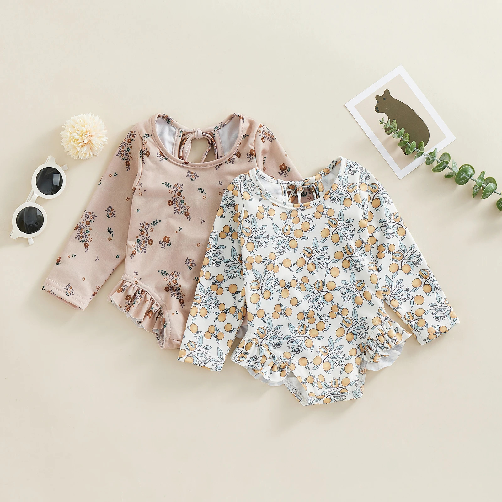 Kids Baby Girl Summer Swimwear Floral Print Backless Ruffles Long Sleeve Bodysuit Bathing Suit Girls Beachwear 0-4 Years 250303
