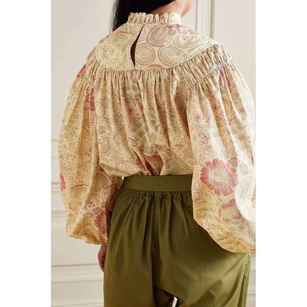 2025 Autumn New Women Artistic Oil Painting Printing Big Lantern Sleeve Round Neck Blouse Shirring Long-Sleeved Shirt