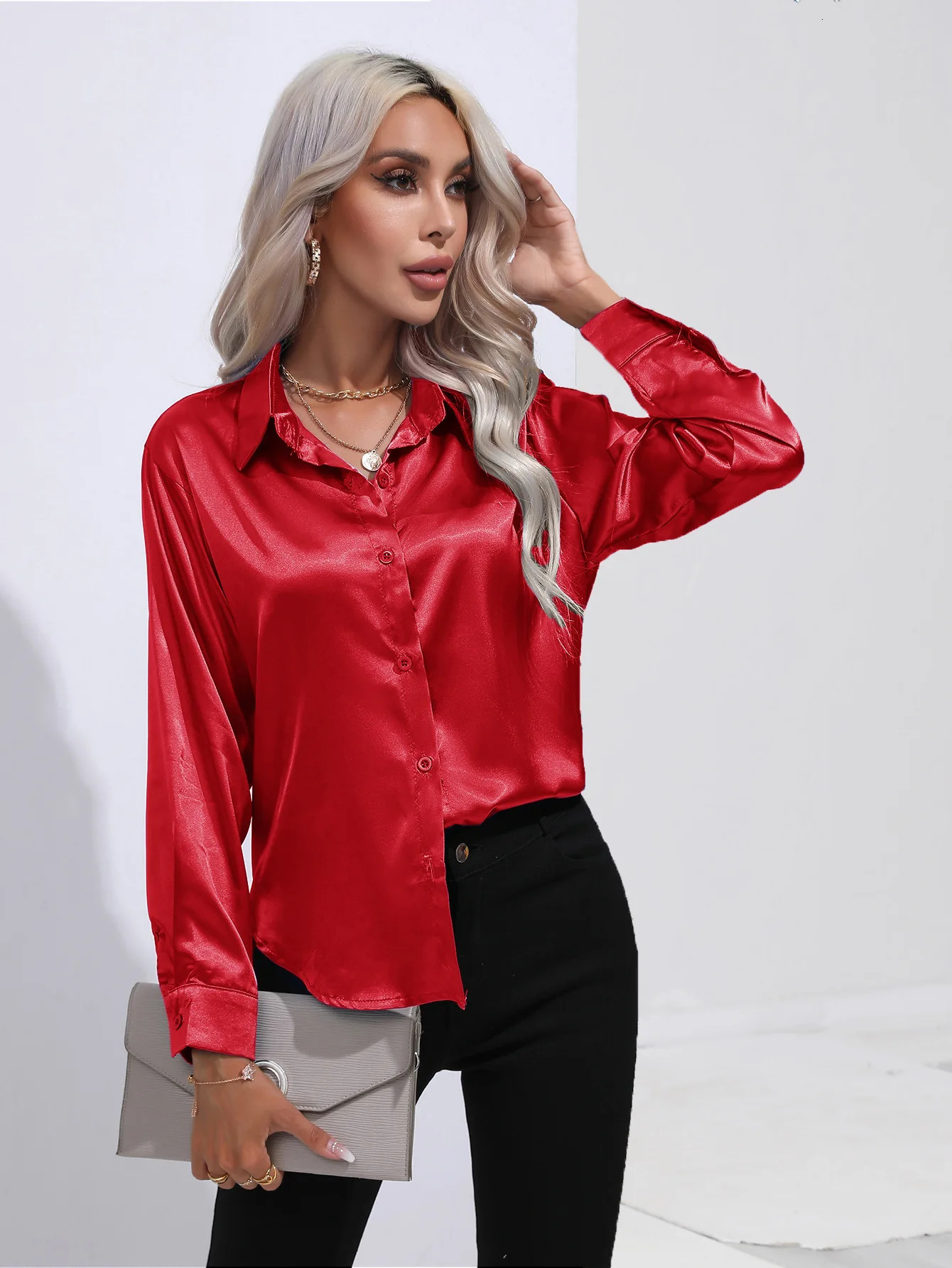 Spring Summer Satin Shirt Women V Neck Long Sleeve Office Shirt Blouses Ladies Black White Silk Loose Shirts For Women 250303
