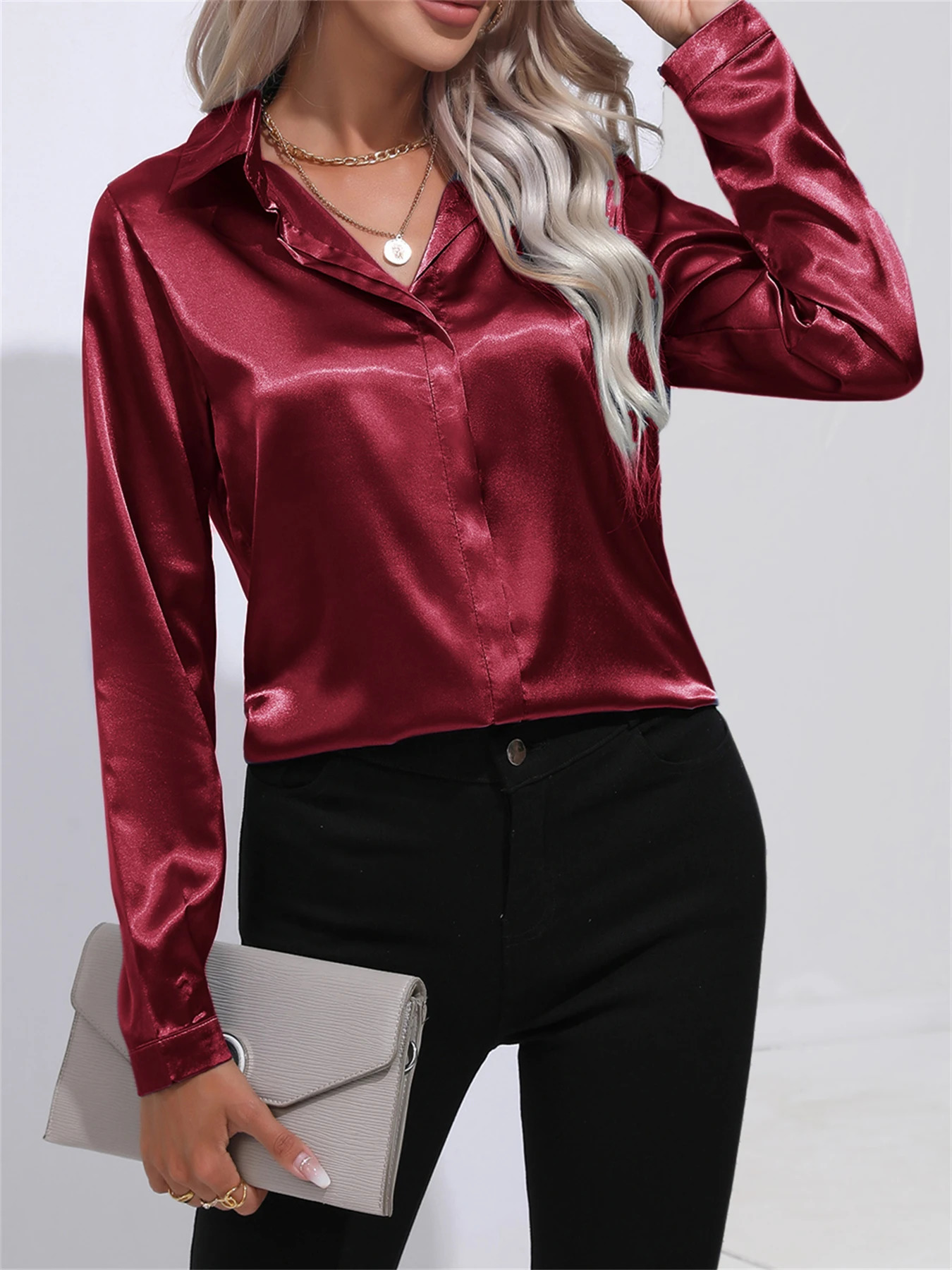 Elegant Turn-Down Collar One Button Satin Long Sleeve Shirt For Women Office Blouse 250303