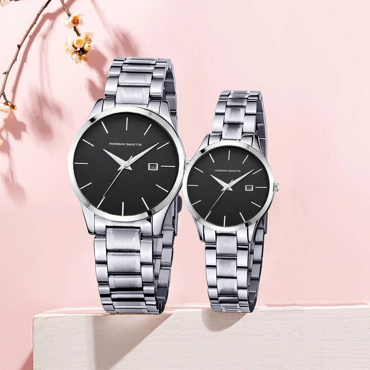 2 Pieces Quartz es For Couples Black Stainl Steel Busin Mens Clock Casual Minimalist Women Gift Couples GiftXJ250304