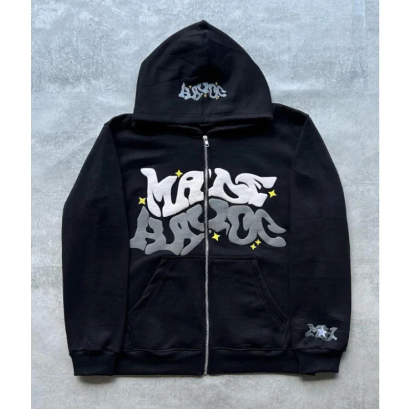 American Retro Star and Letter Printed Zipper Hoodies Women and Men Y2K Spring Autumn Section Lazy Fashion Cardigan Jacket 250304
