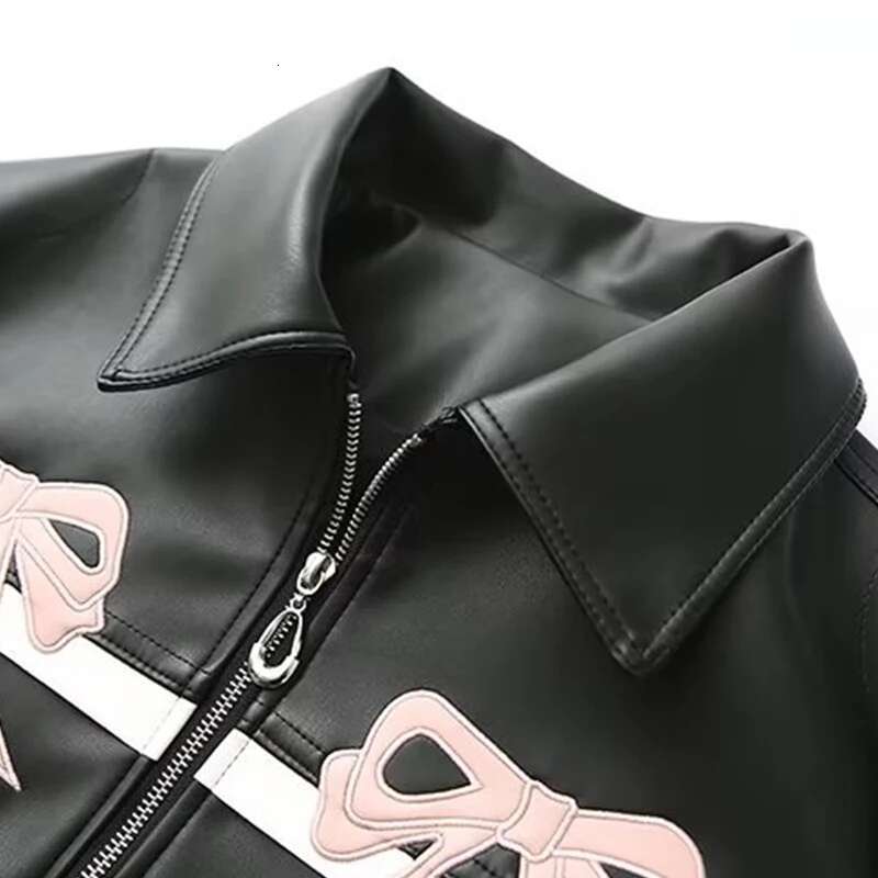 Woman's Street Style Faux Leather Cool Bow Coat Sweet Retro Lapel Long Sleeves PU Jacket Streetwear Zipper Outerwear