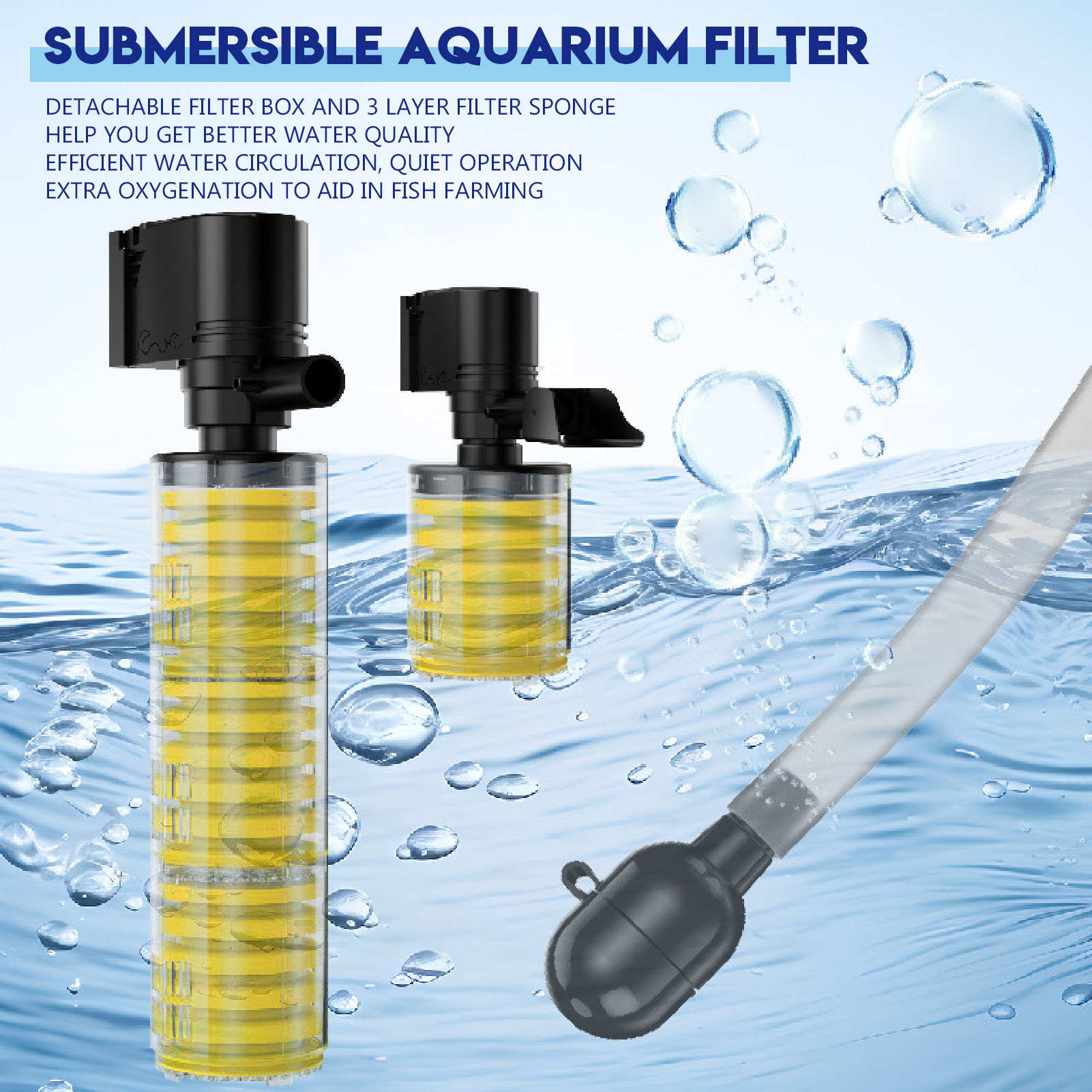 Submersible Aquarium Filter Fish Tank Filter 1800L/H 3 Layer Sponge Powerful 25W Submersible Power Filter with Water Pump
