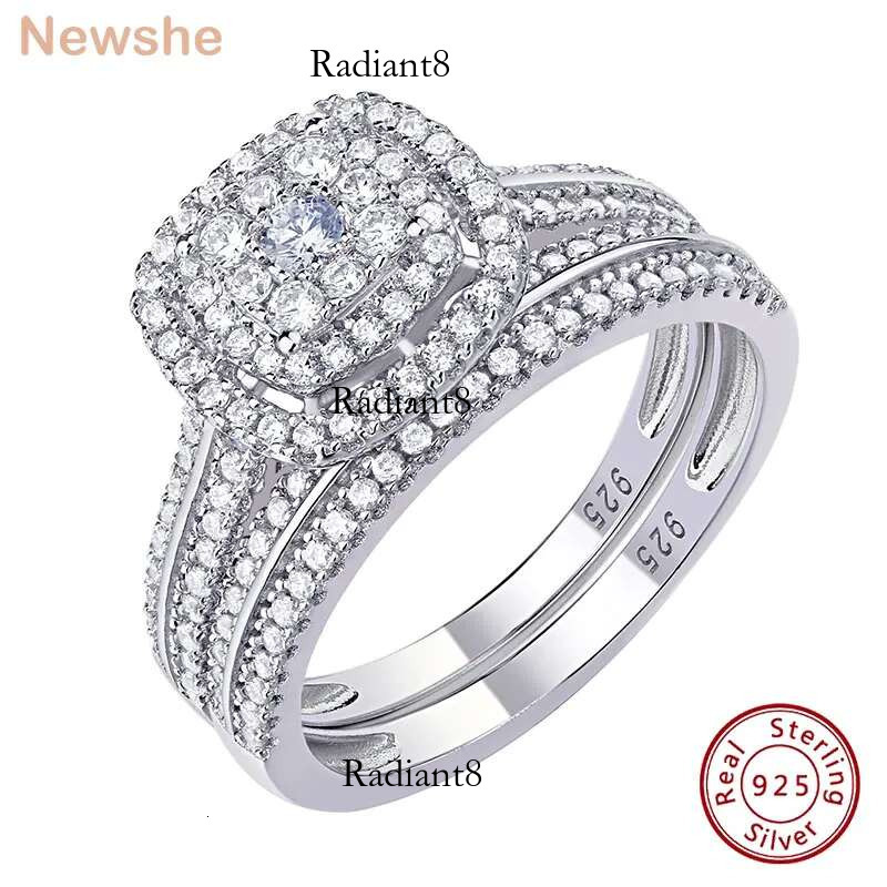Newshe 2Pcs Wedding Rings for Women Solid Sterg Sier Engagement Ring Bridal Set 1.6Ct Halo Round Cut AAAAA Zircon