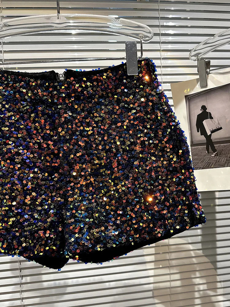 DEAT Fashion Trendy Womens Colorful Sequins Shorts 2025 Spring Collection High Waist Zipper Short Pants Female 11XX8816 250303