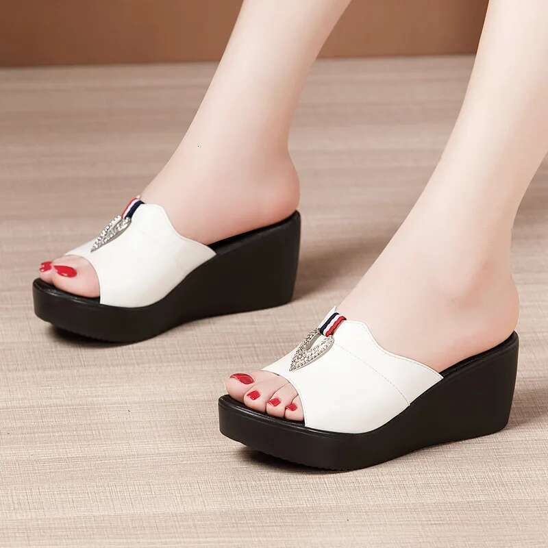 quality summer High wedge leather sandals for women 6cm mid heel new 2025 size 32 33 43 platform open toe elegant shoe black red