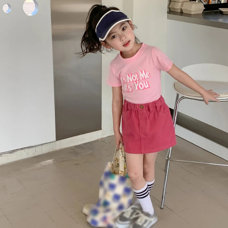 Summer Children Girls Short Sleeved Suit Girls Pink T-shirtSkirt Suits Kids Comfortable Sweet Girls Fashion Casual Clothes Set 250304