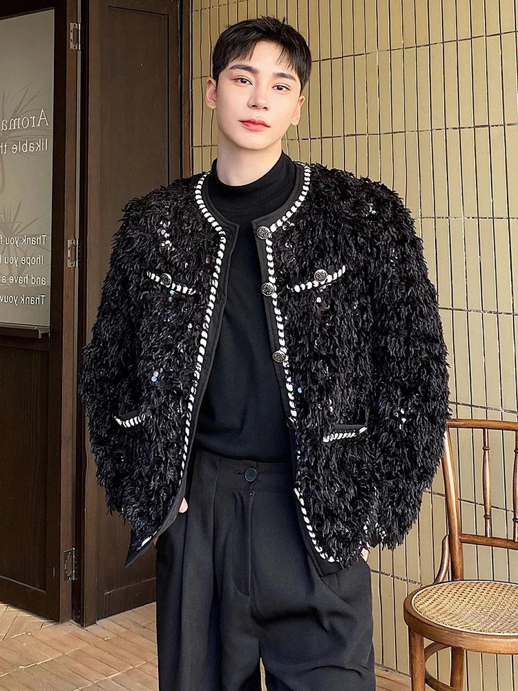 LUZHEN Faux Fur Patchwork n Jacket Trendy Sequins Spliced Thickened Coat Fashion Round Neck Niche Ed83 250304