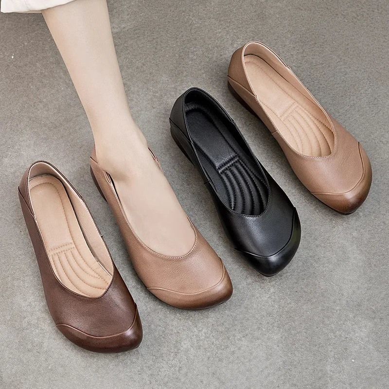 WOIZGIC Womens Mother style Genuine Leather Shoes Flat Retro Ballet Dancer National Mocha Casino Round Toe Anti slip 250303