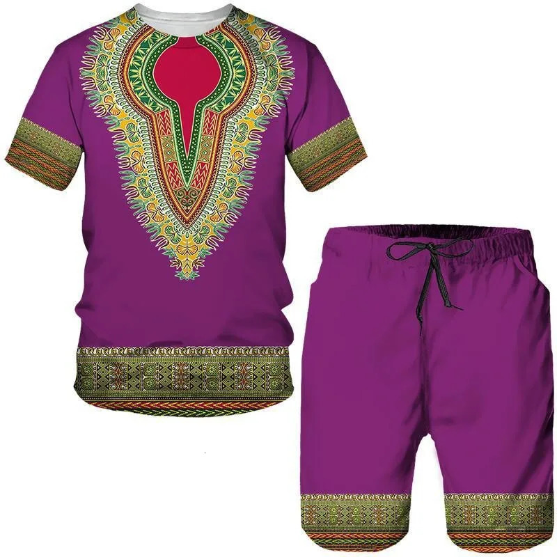 Summer Mens African Dashiki Culture Shorts Set 3D Tribal Printed Womens Short sleeve T-shirt Set Unisex Sports Casual Suit 250303