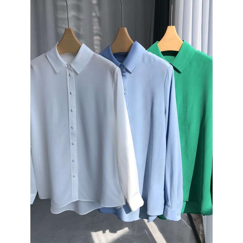 Spring Summer Women Single Breasted Silk Shirt Top Turn-Down Collar Female Casual Long Sleeve Blouse Tops