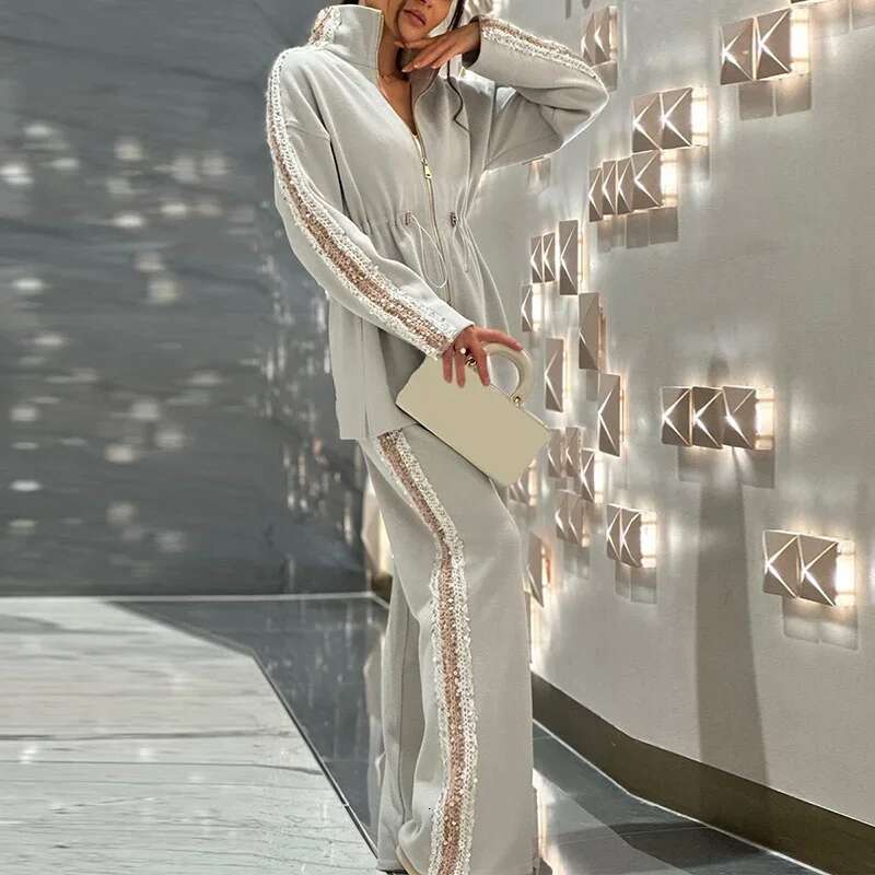 Vintage Sequin Solid Color Long Sleeved Drawstring Top & Wide Leg Pants Suit 2025 New Elegant Shiny Lady Chic Office Autumn Set