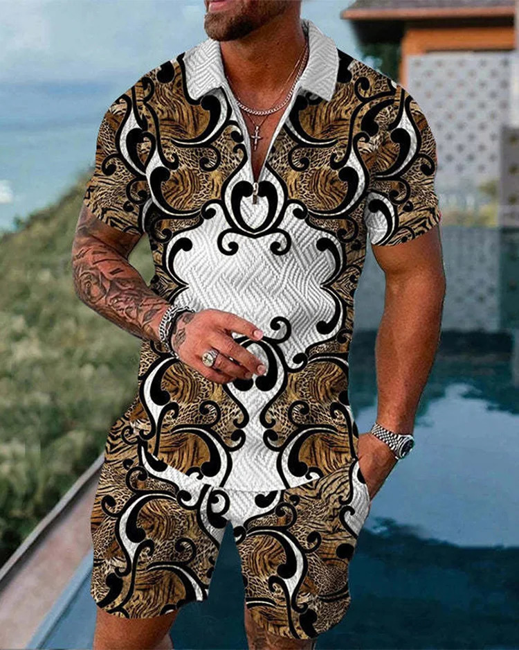 Summer Pattern 3D Print Mens Tracksuit Set Casual Zipper Polo Shirt And Shorts 2pcs Sets Fashion Streetwear Man Clothing 250304