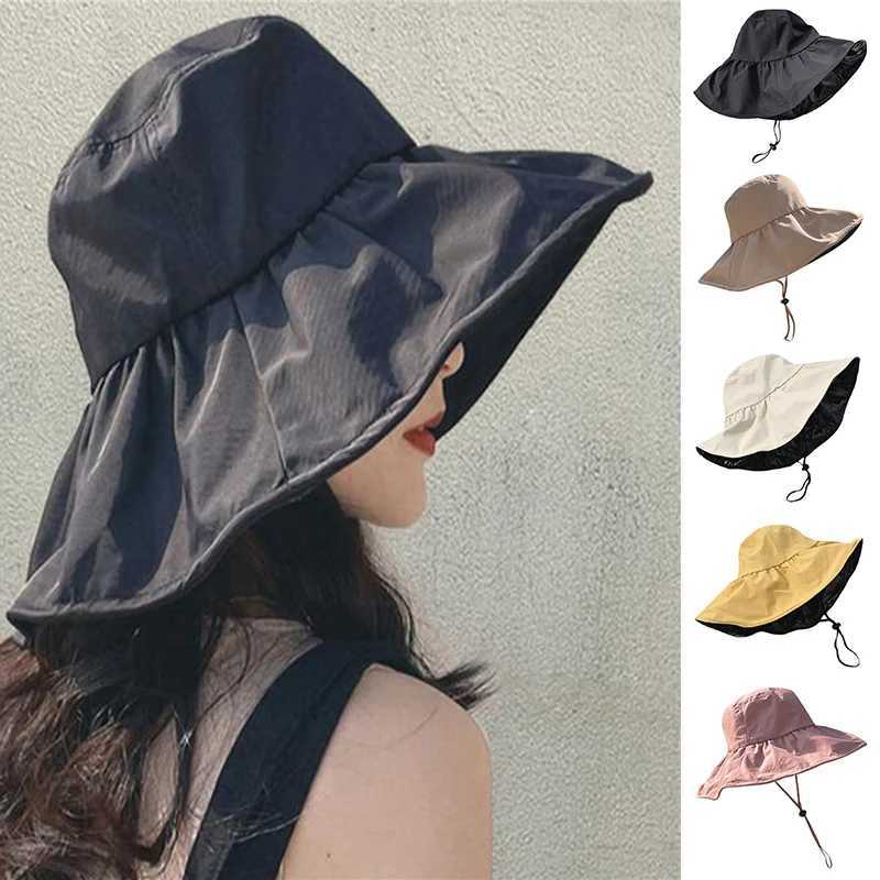 Womens bucket hat summer solid color C Japanese simple folding casual bucket hat vinyl sunscreen and sunscreen bucket hatXJ250304