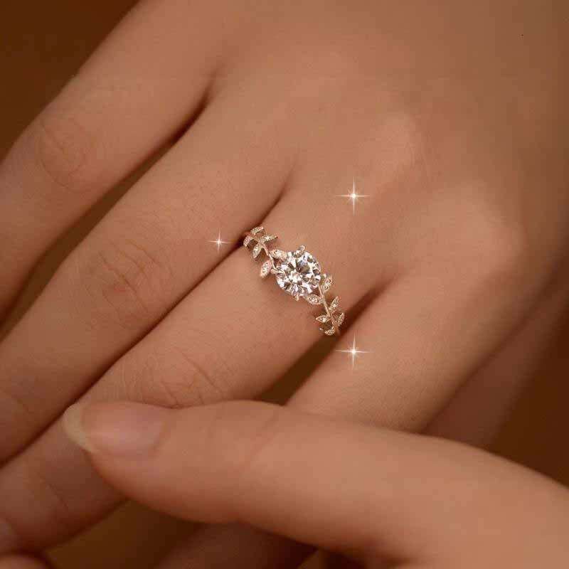 Feiyu personality light luxury laurel branch leaf copper inlaid zircon women's fashionable small fresh silver daily versatile ring
