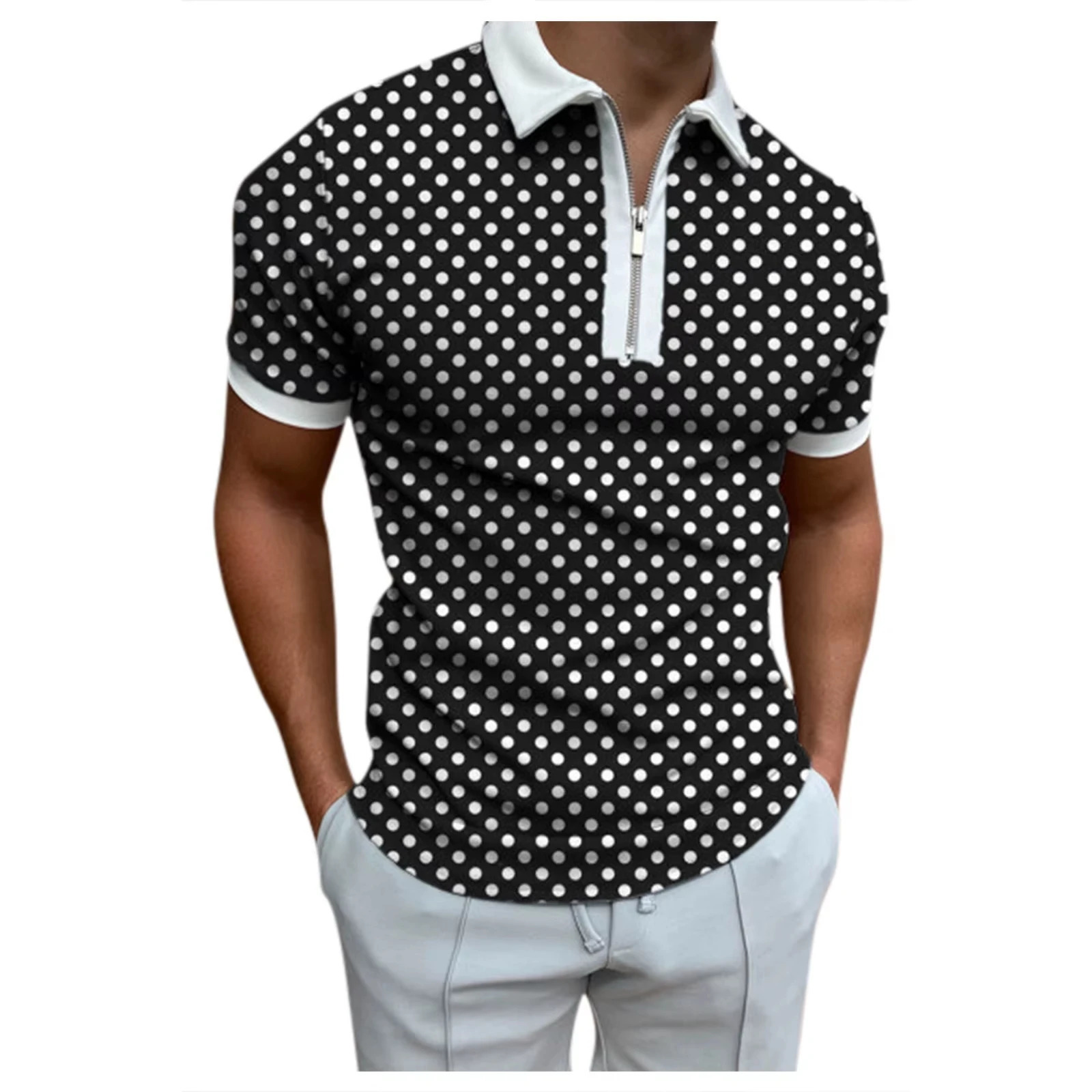 Summer Mens Fashion Zipper Polos 3D Printed Striped Plaid Pattern Mens Polo Shirts Short Sleeve Business Casual Men Clothing 250304