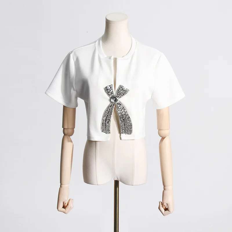2025 Summer New Dia Studded Sequin Bow Sleeved T-Shirt With Female Niche Design Short Top