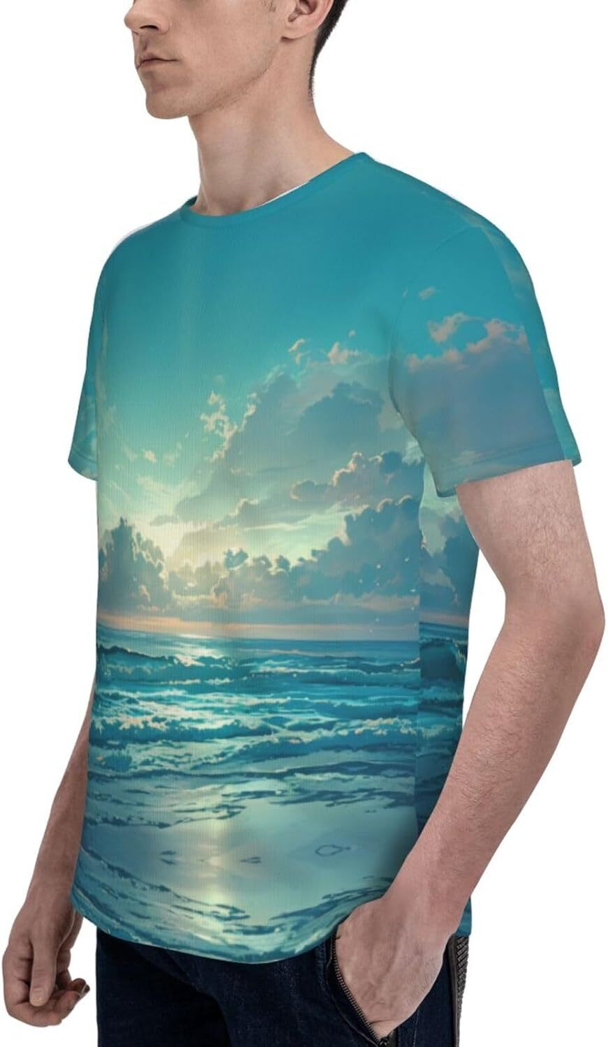 Mens T shirt Green Scenery 3D Graphic T-Shirt for Men and Women - Ocean Sky Trendy Casual Soft Comfort Crew Neck Tee tee Casual tops summer clothes