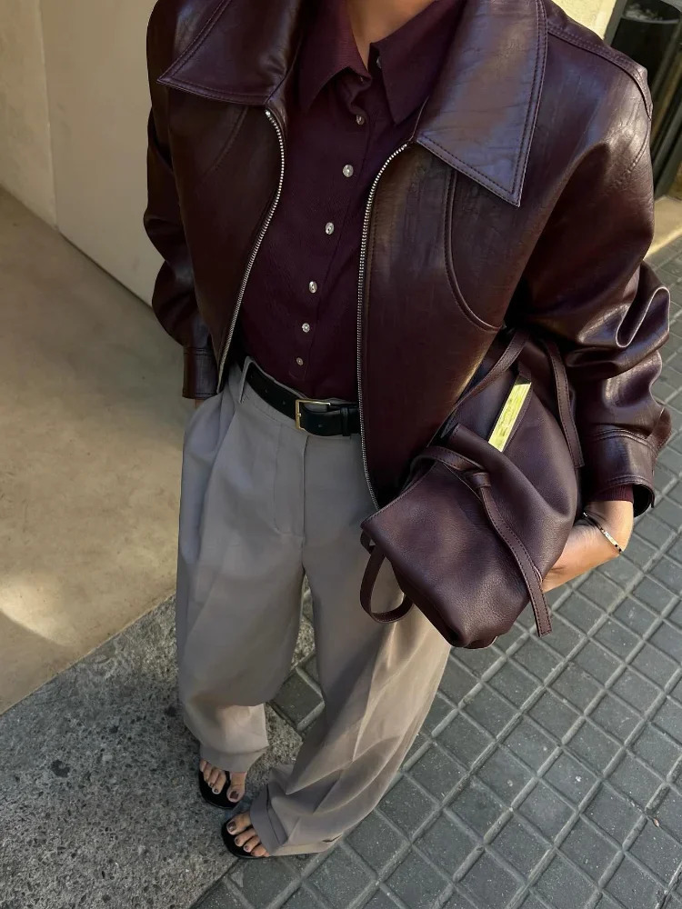 Vintage Wine Red Short Leather Jacket For Women Chic Slim Lapel Collar Long Sleeved Zipper Coat Autumn Lady High Streetwear 2025 250226