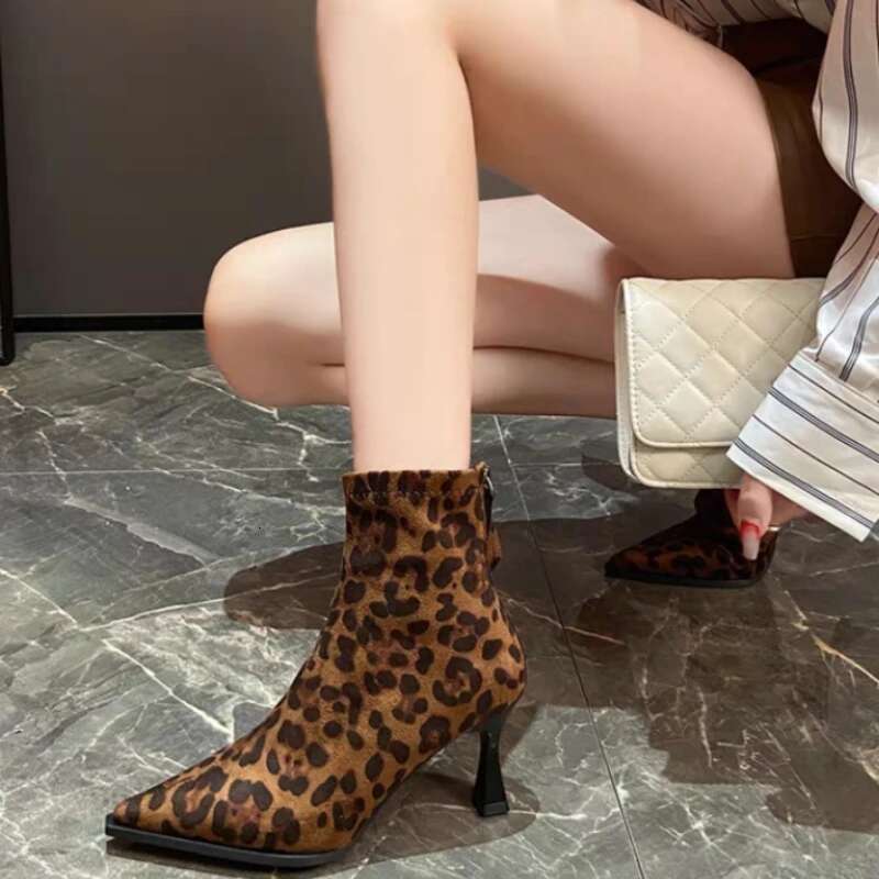Boots 2025NEW Ankle Leopard Women Pointed Toe Ladies Chunky High heel Female Shoes Footwear Plus Size