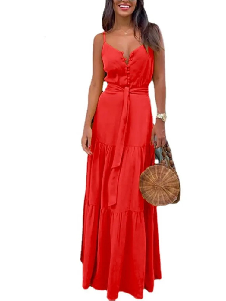 Womens Summer Spaghetti Strap Long Dress Bohemian Style Sleeveless V-neck Elegant Lady Dresses Casual Maxi Beach Party Vestidos 250303 C260312