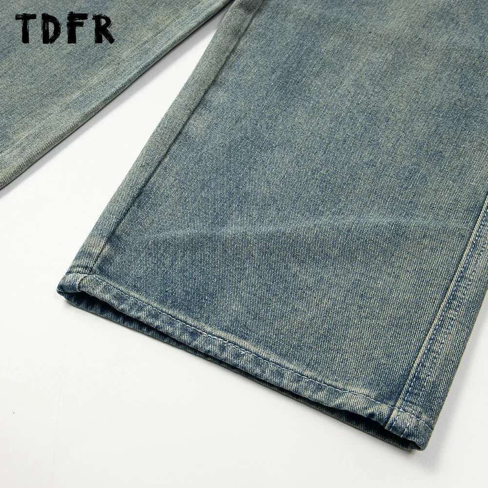 Pocket Washed Distressed Jacket Mens Retro Casual Streetwear Drawstring Elastic Waist Straight Wide Leg Denim Pants Men