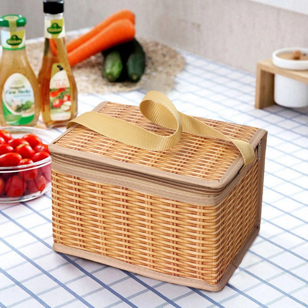 Ship from US Portable Wicker Rattan Outdoor Camp Picnic Bag Waterproof Tableware Food Container Baskets Insulated Thermal Cooler 250304FBB