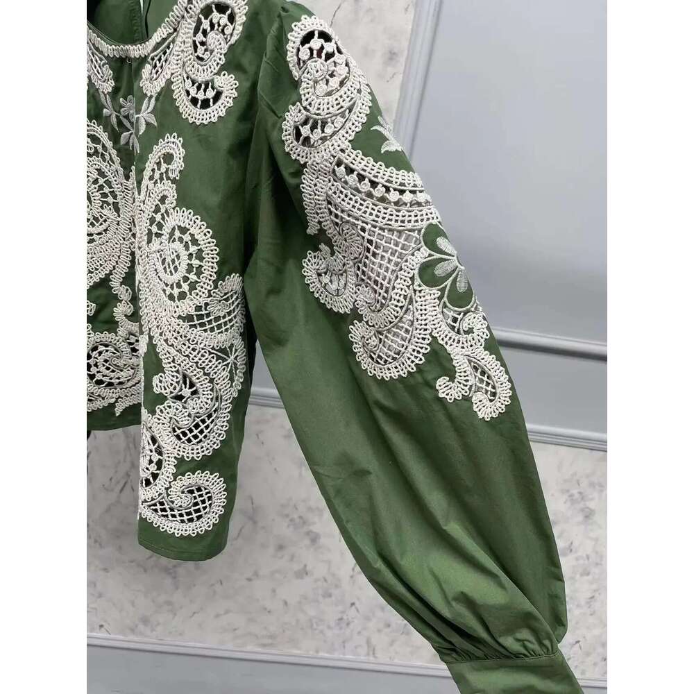 2025 Early Autumn Women O-Neck Blouse Three Dimensional Embroidery Hollow Out Green Vintage Long Puff Sleeve Female Shirt