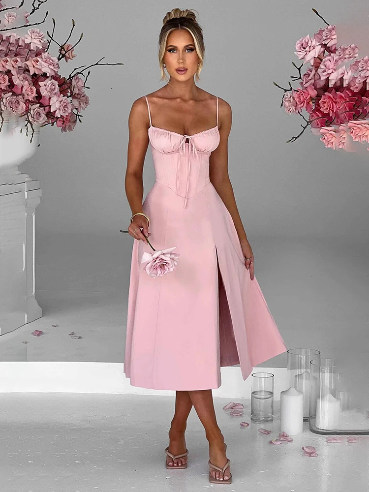 Strapless A-Line Midi for Women - Spaghetti Strap, Backless Split, Summer Party Dress C260312